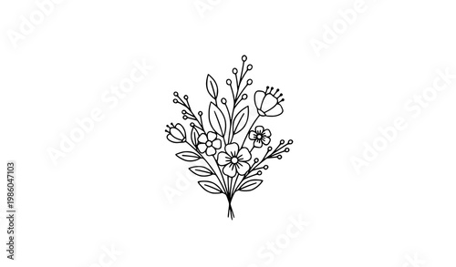 Minimal floral bouquet with simple flowers and leaves in clean black line art isolated on white background vector