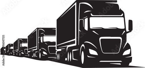 Truck convoy, semi-truck fleet, black trucks, vector illustration, transportation icons