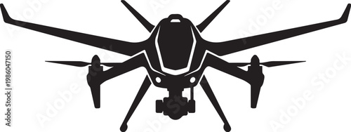 Drone, aerial vehicle, quadcopter, black silhouette, vector icon