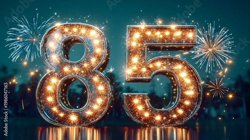 Eighty-Fifth Anniversary Celebration with Fireworks and Sparkling Lights on Green Background