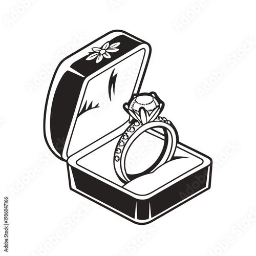Diamond Ring, Engagement Jewelry, Wedding Accessory, Black and White Vector Illustration