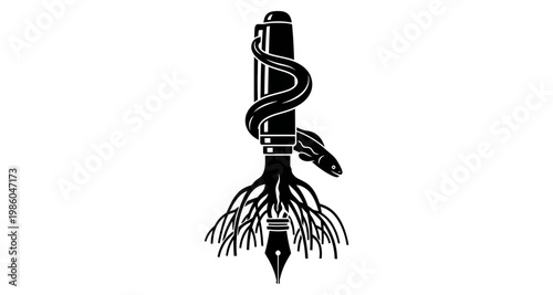 Pen with roots and snake silhouette against white background for creative concept