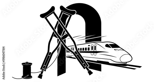 Crutches and spool against a speeding train during a motion blur effect silhouette