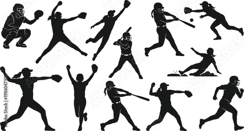 Softball player silhouettes set, female athletes pitching, batting, catching and running, dynamic sports action vector collection for training, competition, fitness and team game design
