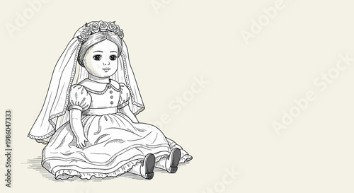 Detailed black and white sketch of a vintage porcelain doll wearing a bridal-style dress with a flower crown and veil.