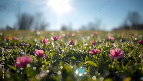 Morning Dew Flowers Field Ground Level with Soft Sunlight