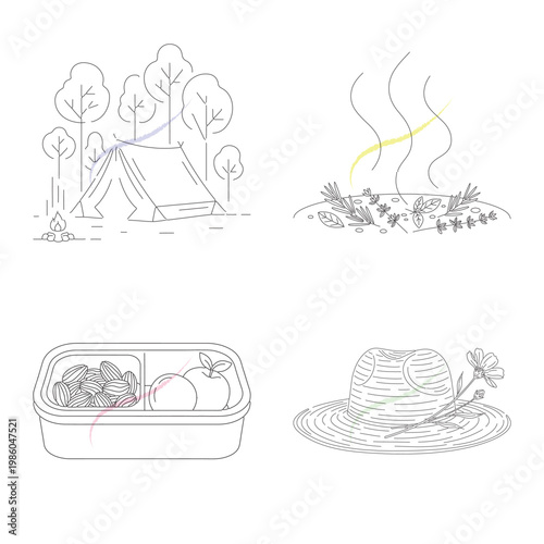 Outdoor recreation and healthy food icons with camping tent in forest aromatic herbs for incense healthy lunch box and woven straw hat