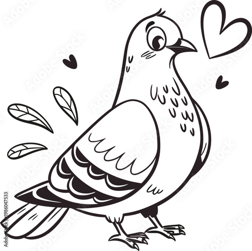 cute bird, love bird, heart illustration, black and white, vector