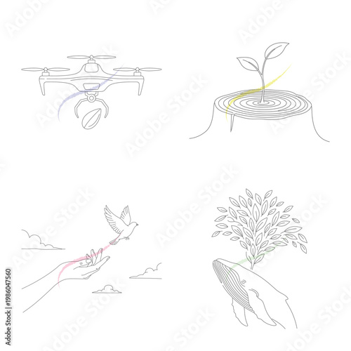 Drone carrying plant, stump with new sprout, hand releasing bird into sky, whale reaching tree, illustrating technology, nature's renewal, freedom and ocean life in ecological context.