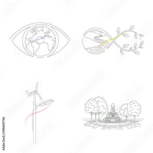 Global vision eye with earth and infinity loop river landscape plus hybrid wind turbine street lamp and park fountain illustrations
