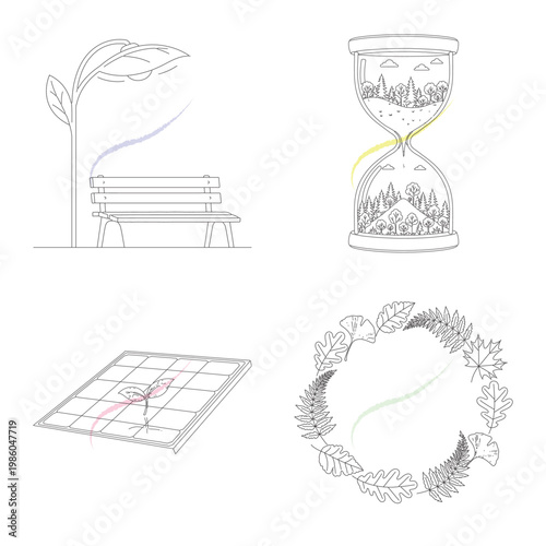 Eco friendly park bench under leaf lamp and hourglass terrarium with seedling solar panel and autumn foliage wreath vector graphics