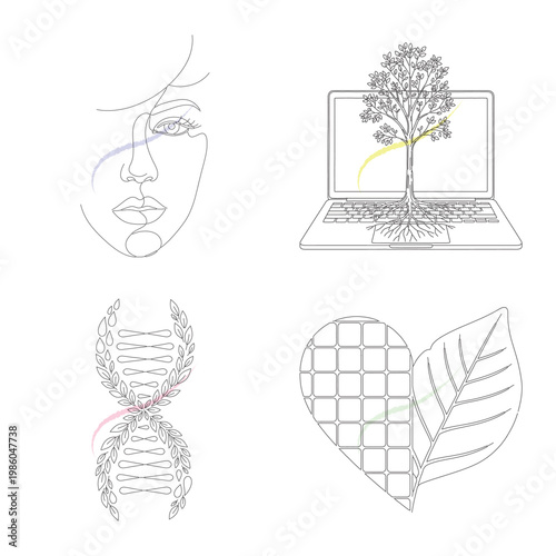 Modern technology and nature fusion illustrations showing portrait laptop tree dna structure and solar energy heart leaf design