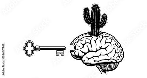 Key unlocking a cactus growing from a brain silhouette against a white background