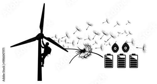 Person climbing wind turbine with dandelion seeds flying towards batteries and beehives silhouette