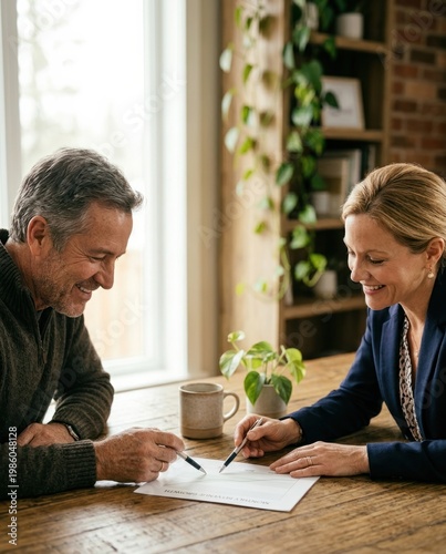 Financial advisor and mature client reviewing monthly wealth growth chart together at home office showing trust planning and retirement guidance