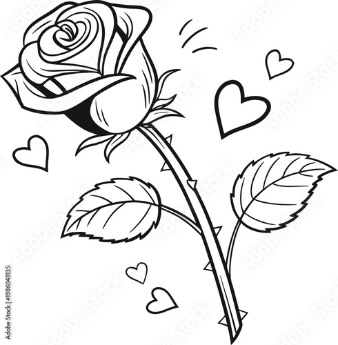 Black and white rose, heart illustration, romantic vector, love symbol, floral design element