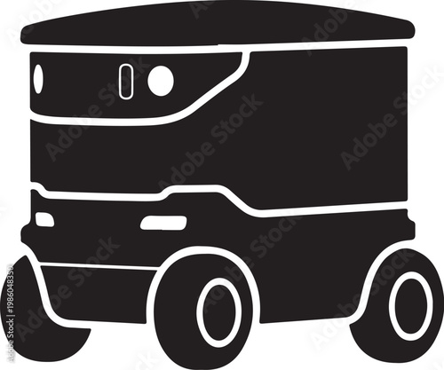 Black robot delivery vehicle, autonomous cart, futuristic bot, white outline