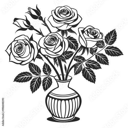 Black and white roses bouquet, floral arrangement, vase illustration, line art flowers