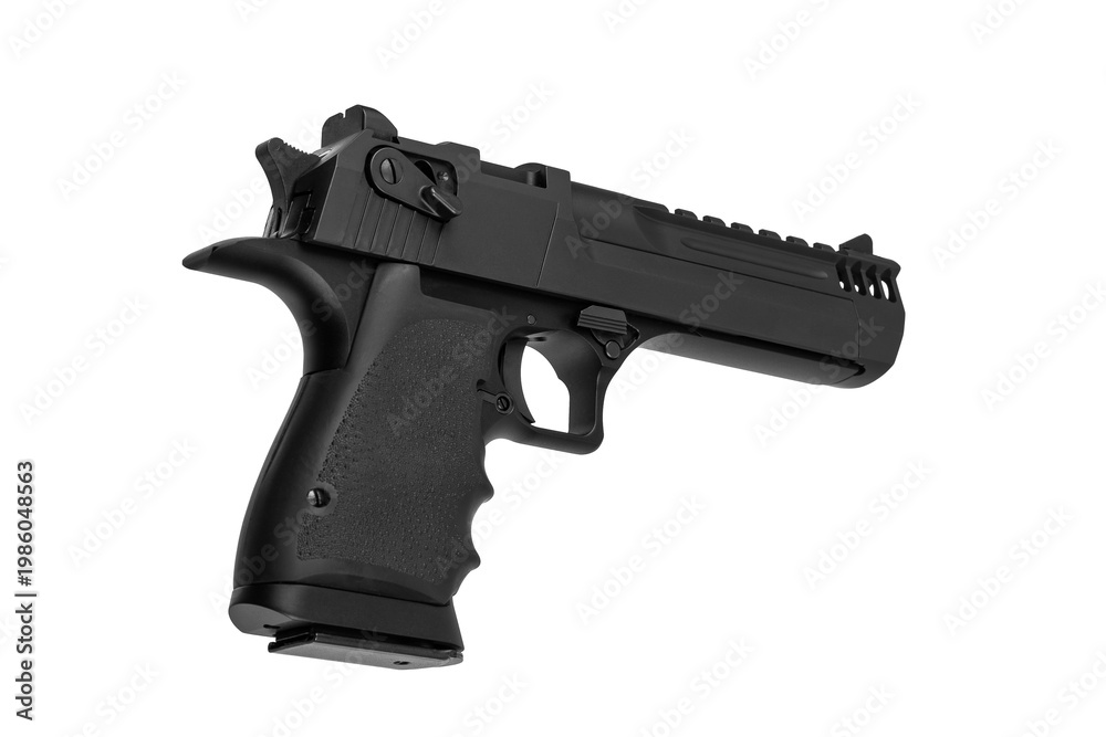 Naklejka premium Modern black semi-automatic pistol isolated on a clean white back