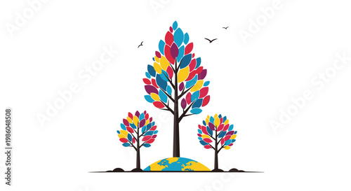 Colorful tree with multi colored leaves growing out of a globe featuring birds flying in the sky representing environmental global conservation.