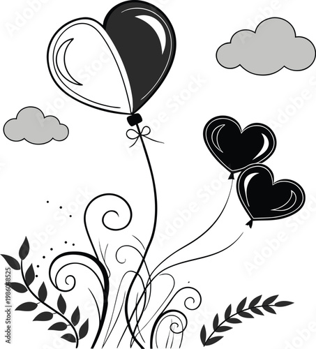 Heart Balloons, Black and White Illustrations, Valentine's Day Graphics, Romantic Vector Icons