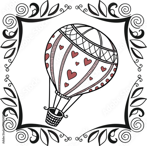 Hot air balloon, heart design, vector illustration, romantic travel