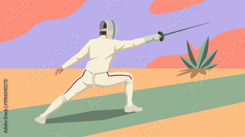 Minimalist vector illustration of a fencer in uniform performing a lunge
