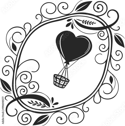 Heart shaped hot air balloon, black and white illustration, romantic vector icon, love symbol