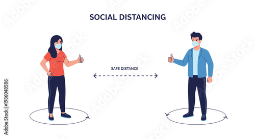 Man and woman wearing face masks and standing apart at a safe distance to demonstrate social distancing measures for health safety.