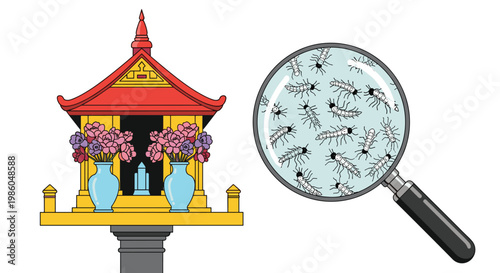 Traditional Thai spirit house standing next to a magnifying glass showing mosquito larvae in stagnant water to highlight disease risk.