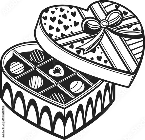 Heart shaped chocolate gift box, Valentine's Day treats, black and white vector, illustration, dessert packaging