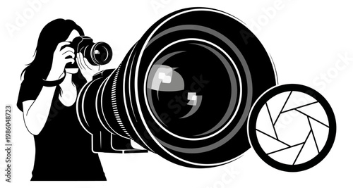 Photographer silhouette with large camera lens and aperture symbol against white background