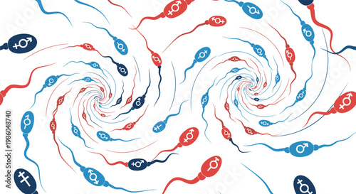 Spiral pattern of blue and red sperm cells with male and female gender symbols representing fertility and human reproduction.