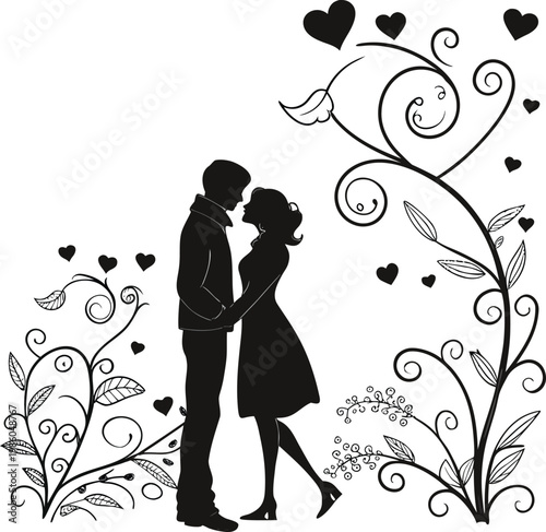 Romantic couple silhouette, love heart flowers, valentine's day vector, black and white illustration
