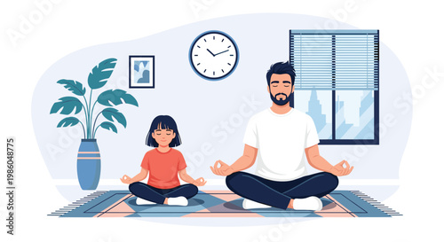 Father and young daughter practicing meditation and mindfulness together in a calm home environment sitting on a yoga mat.