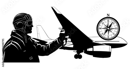 Pilot holding airplane model with compass during flight planning silhouette