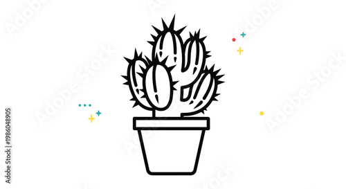 Simple black and white line art illustration of a prickly cactus plant in a pot decorated with small colorful star symbols.