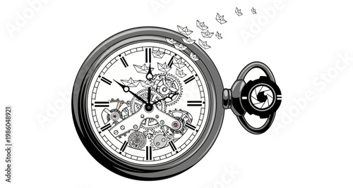 Pocket watch silhouette with origami paper boats flying from dial during day