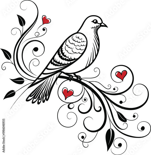 Vector dove on branch, heart decorations, black and white illustration, romantic symbol