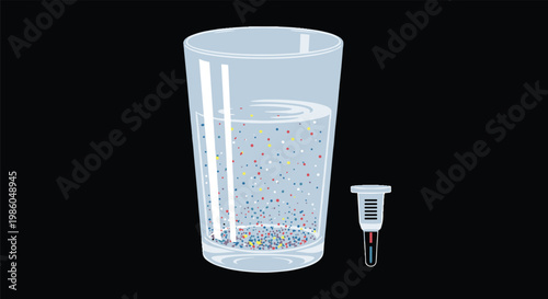 Glass of water filled with numerous tiny colorful microplastic particles showing the invisible pollution in drinking water sources.