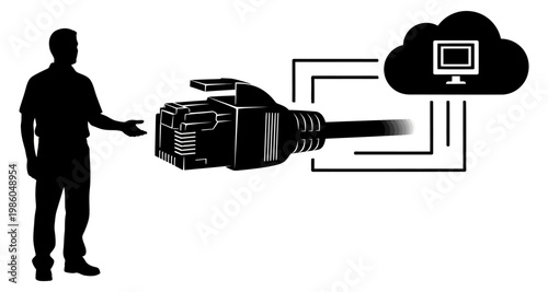 Man connecting ethernet cable to cloud computing network during digital transformation silhouette