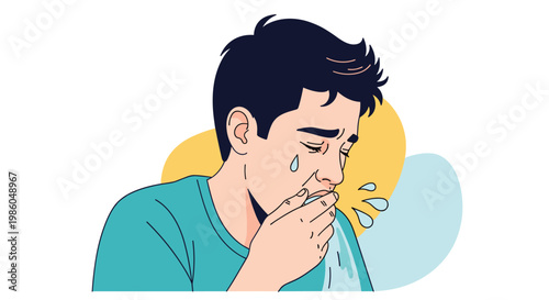Young man wearing a blue shirt coughing into his hand to show symptoms of illness or a respiratory infection in a public space.