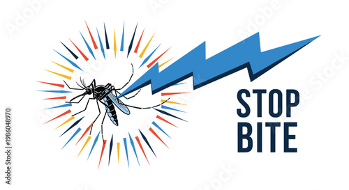 Stop bite text with a mosquito being struck by a blue lightning bolt within a colorful sunburst pattern for pest protection.