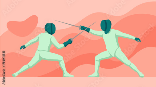 Dynamic fencing match with two fencers in protective gear, minimalist illustration