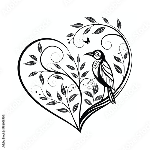 Heart Shaped Tree with Bird, Floral Vector Illustration, Black and White, Romantic Symbol