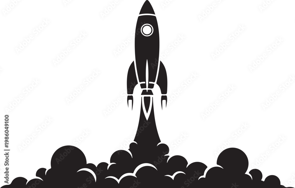 Fototapeta premium Black rocket ship blasting off, space launch icon, vector illustration, astronomy symbol