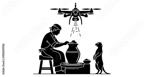 Potter crafting clay vessel with drone overhead and meerkat observing