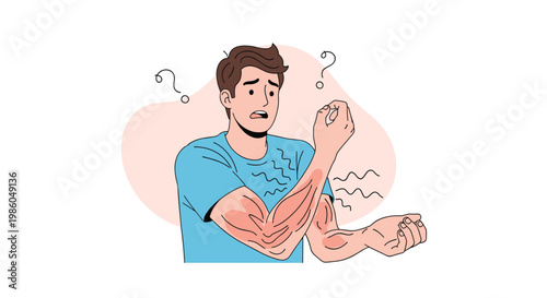 Man looking at his red and swollen arm muscles with concern and question marks above his head indicating muscle pain or injury.