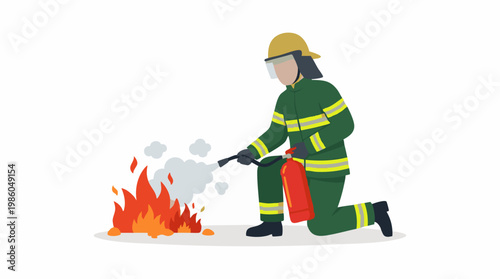 Tableau sur toile Firefighter suppressing a small fire with a red fire extinguisher