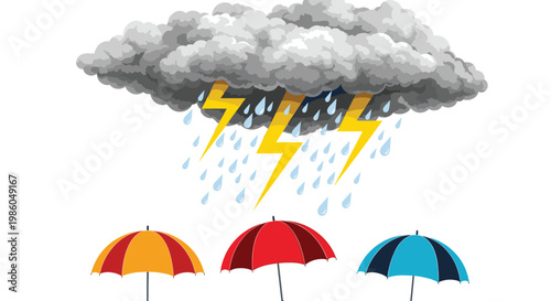 Dark storm cloud with rain and yellow lightning bolts over three colorful umbrellas representing protection against bad weather.
